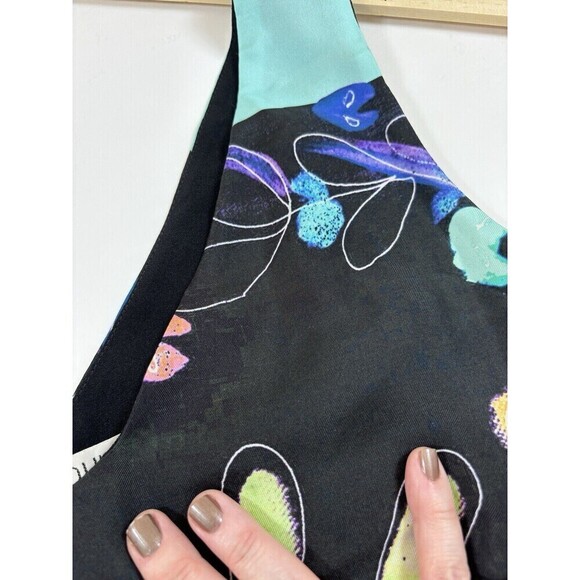 Loup Silk Dress 42 Black Bright Print V-neck Midi Side Zip Sleeveless French - Picture 9 of 13